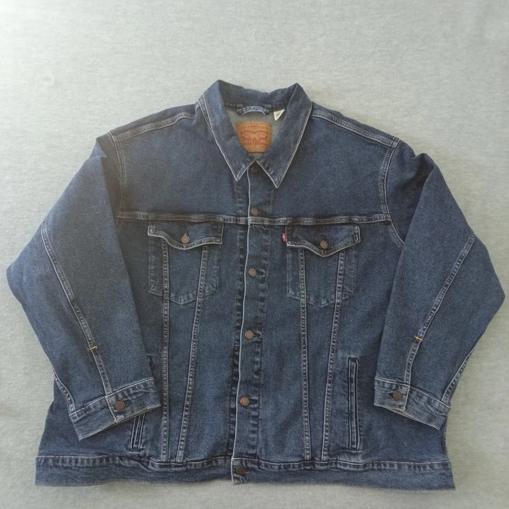 Levis Mens 5XL Dark Wash Denim Trucker Jacket Blue Button Up Red Tab WaterLess